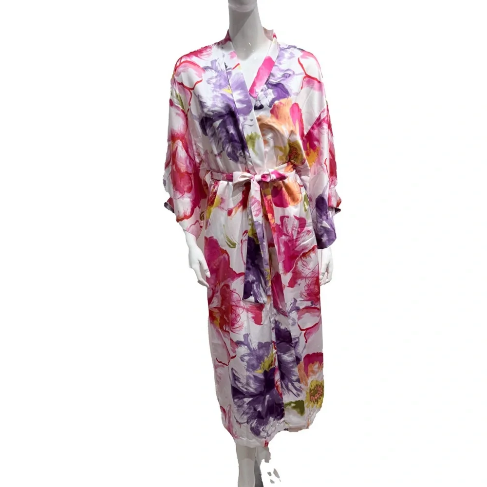 Natori Floral Chemise Robe Set Watercolor Matching Belt S